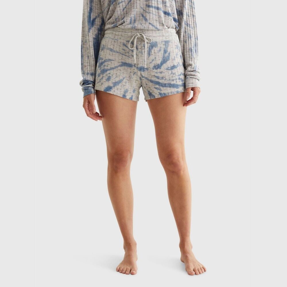Lucky Brand Women Ivory/Navy Tie Dye Viscose Knit Rib Drawstring Shorts Size L